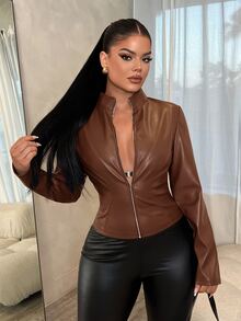 SHEIN SXY 性感修身長袖拉鍊夾克 - 巧克力棕 - 查看 7