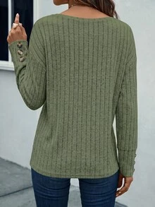 SHEIN LUNE 女款純色V領休閒日常長袖T恤 早午餐穿搭 橄欖綠 秋季 - 軍綠色 - 查看 2