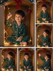 SHEIN Kids Young Boy Autumn/Winter Christmas Snowman Dark Green Plaid Print Long Sleeve Open Front Loungewear Set 2 Pieces - Dark Green - View 6