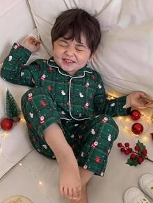 SHEIN Kids Young Boy Autumn/Winter Christmas Snowman Dark Green Plaid Print Long Sleeve Open Front Loungewear Set 2 Pieces - Dark Green - View 2