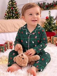 SHEIN Kids Young Boy Autumn/Winter Christmas Snowman Dark Green Plaid Print Long Sleeve Open Front Loungewear Set 2 Pieces - Dark Green - View 1