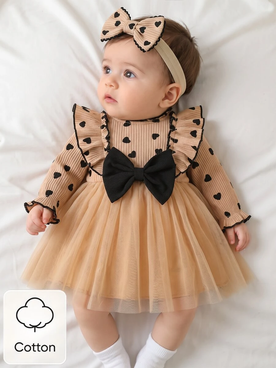 SHEIN 2pcs Baby Girl Tutu Dress Cute Sweet Tan Black Heart Bow Ruffle Tulle Ribbed Long Sleeve Round Neck Light Birthday Party Fall Holiday Ballet Chic Set - Khaki - View 1