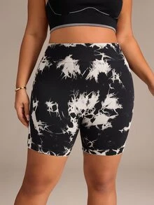 SHEIN Rhythm Era Women's Plus Size Tie-Dye Colorblock High Neck Sports Shorts - Black - View 3