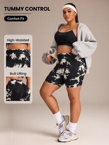 SHEIN Rhythm Era Women's Plus Size Tie-Dye Colorblock High Neck Sports Shorts - Black - View 1