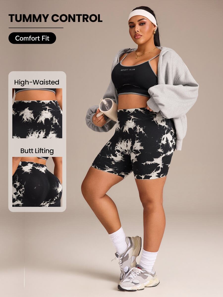 SHEIN Rhythm Era Women's Plus Size Tie-Dye Colorblock High Neck Sports Shorts - Black - View 1
