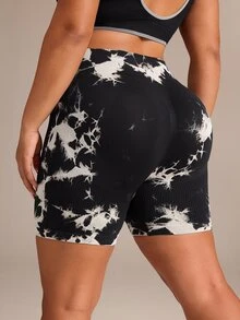 SHEIN Rhythm Era Women's Plus Size Tie-Dye Colorblock High Neck Sports Shorts - Black - View 2