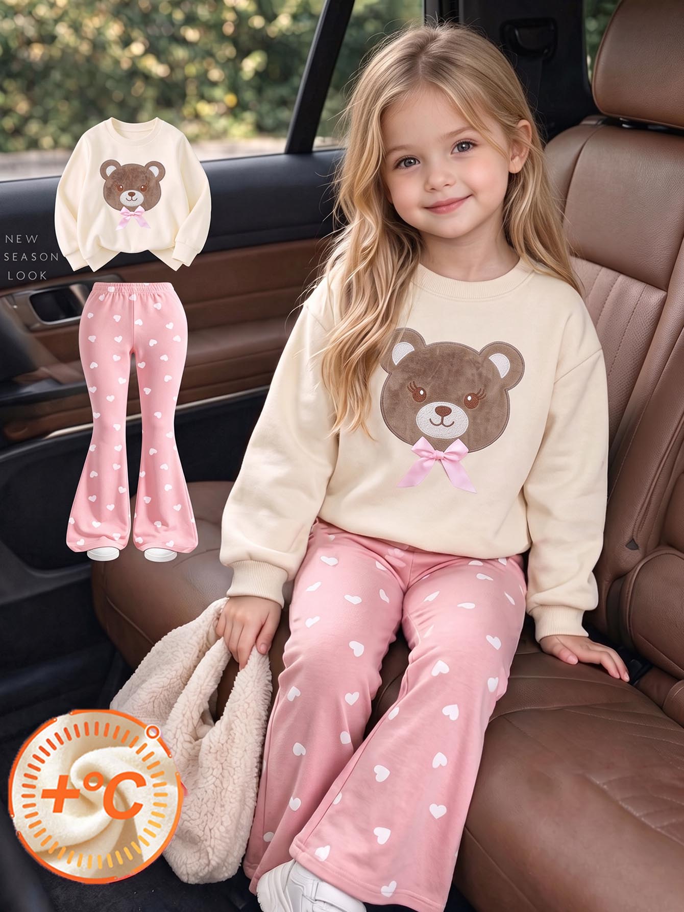 Young Girls 2pcs Set Cute Brown White Bear Hoodie Sweatshirt Heart Print Flared Pants Outfits Pullover Tops For Fall Style Clothing Birthday - Multicolor - View 1
