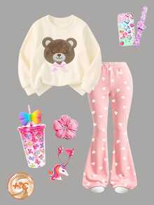 Young Girls 2pcs Set Cute Brown White Bear Hoodie Sweatshirt Heart Print Flared Pants Outfits Pullover Tops For Fall Style Clothing Birthday - Multicolor - View 6
