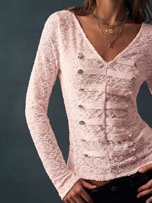 Bohemela 女款刺繡鈕扣設計V領長袖上衣 - 淺粉色 - 查看 1