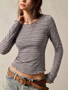 Bohemela Kaos Lengan Panjang Rajut Bergaris Pas Badan untuk Wanita - MultiWarna - View 4