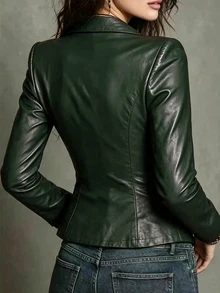 Glimmora Women's Fashion Elastic Solid Color Long Sleeve Turn Collar Single-Breasted Top, Autumn/Winter - Dark Green - View 2