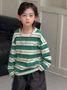 Dazy Kids 小男孩休閒條紋基本款長袖秋季T恤 - 杏色 - 查看 7