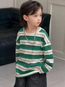 Dazy Kids 小男孩休閒條紋基本款長袖秋季T恤 - 杏色 - 查看 1