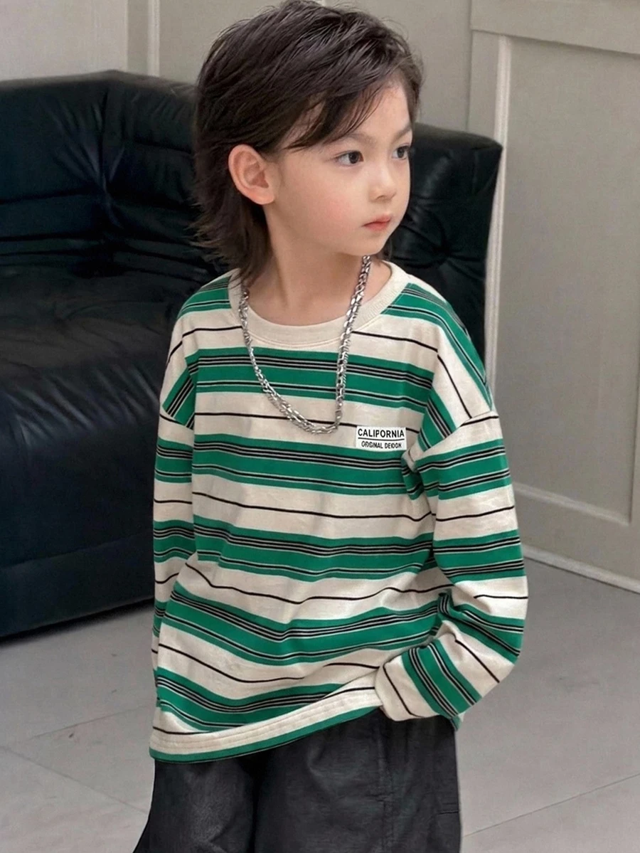 Dazy Kids 小男孩休閒條紋基本款長袖秋季T恤 - 杏色 - 查看 1