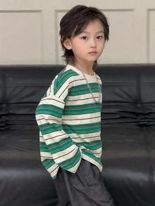 Dazy Kids 小男孩休閒條紋基本款長袖秋季T恤 - 杏色 - 查看 6