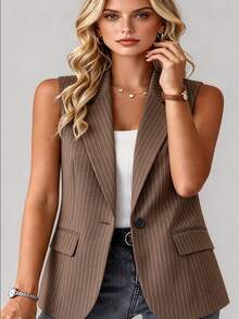 Ceyna Plus Size Women's Brown Single Button Casual Smart Commute Blazer Vest Office Business Working Fall - Brown - View 1