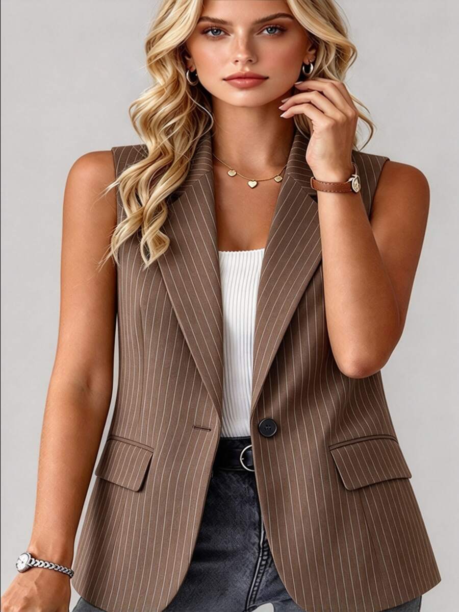 Ceyna Plus Size Women's Brown Single Button Casual Smart Commute Blazer Vest Office Business Working Fall - Brown - View 1