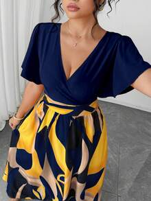 Elenzga Plus Size Women's Navy Blue Summer Tropical Vacation Holiday Bohemian Geometric Print V Neck Ruffle Sleeve Elegant High-End Dress Party - Navy Blue - View 8