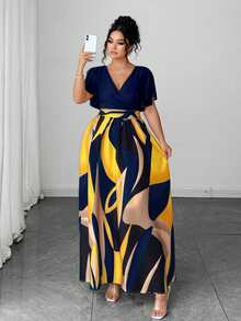 Elenzga Plus Size Women's Navy Blue Summer Tropical Vacation Holiday Bohemian Geometric Print V Neck Ruffle Sleeve Elegant High-End Dress Party - Navy Blue - View 10