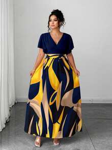 Elenzga Plus Size Women's Navy Blue Summer Tropical Vacation Holiday Bohemian Geometric Print V Neck Ruffle Sleeve Elegant High-End Dress Party - Navy Blue - View 5