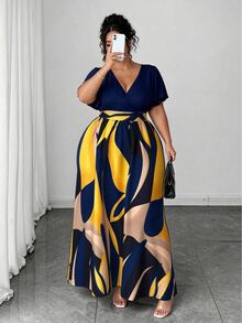 Elenzga Plus Size Women's Navy Blue Summer Tropical Vacation Holiday Bohemian Geometric Print V Neck Ruffle Sleeve Elegant High-End Dress Party - Navy Blue - View 4