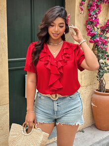 Nubod Plus Size Women Casual Elegant Sexy Solid Color Ruffle Hem Blouse Brunch Vacation Red Summer - Red - View 5