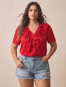 Nubod Plus Size Women Casual Elegant Sexy Solid Color Ruffle Hem Blouse Brunch Vacation Red Summer - Red - View 1