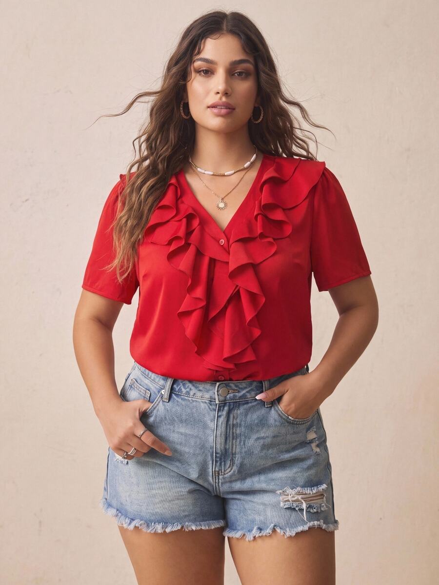 Nubod Plus Size Women Casual Elegant Sexy Solid Color Ruffle Hem Blouse Brunch Vacation Red Summer - Red - View 1