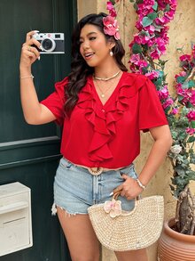 Nubod Plus Size Women Casual Elegant Sexy Solid Color Ruffle Hem Blouse Brunch Vacation Red Summer - Red - View 7