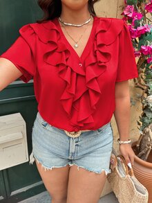 Nubod Plus Size Women Casual Elegant Sexy Solid Color Ruffle Hem Blouse Brunch Vacation Red Summer - Red - View 9