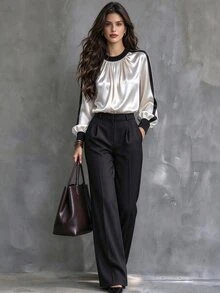Trelyra 優雅日常通勤辦公襯衫 黑白配色拼接法式風派對度假女式襯衫 - 彩色 - 查看 5