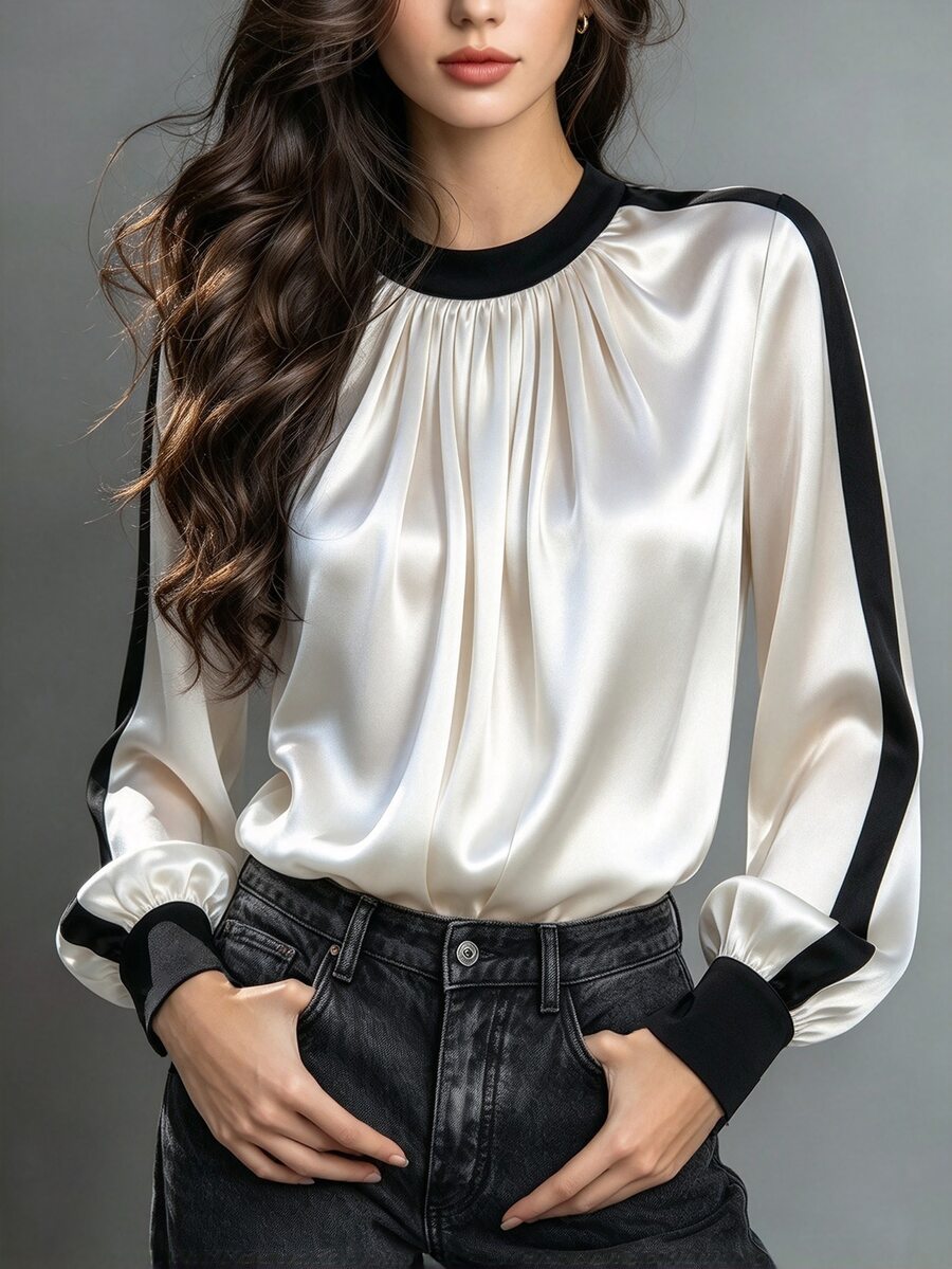 Trelyra 優雅日常通勤辦公襯衫 黑白配色拼接法式風派對度假女式襯衫
