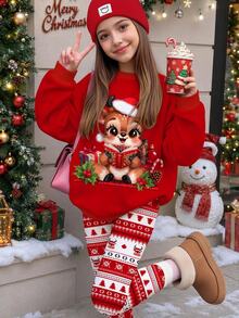 青少年女孩休閒聖誕可愛閱讀馴鹿圖案，聖誕費爾島紋，聖誕紅圓領抓絨內裡長袖衛衣與內搭褲2件套，適合秋冬聖誕套裝，秋季風格，修身 - 彩色 - 查看 1