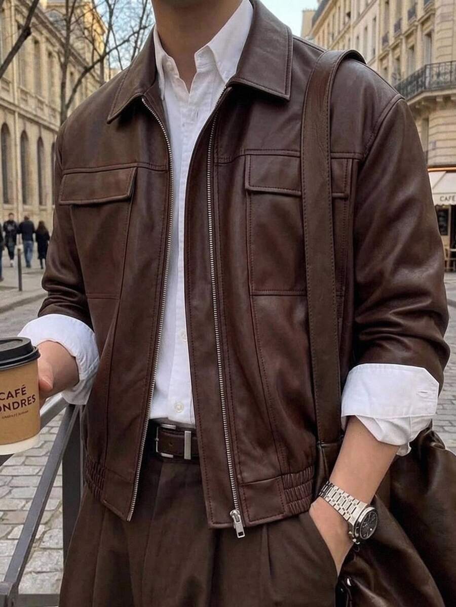 HIMLAND Men's PU Leather Zipper Long Sleeve Jacket, Versatile Spring-Autumn Collared Menswear Halloween Christmas Winter Party Autumn - Brown - View 1