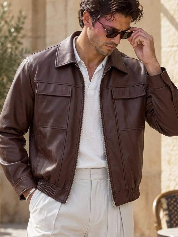 Manfinity RebelGame Men's Solid Color PU Leather Zipper Casual Versatile Daily Travel Long Sleeve Jacket,Versatile Spring-Autumn Menswear,Men's Collared Jacket - Brown - View 1
