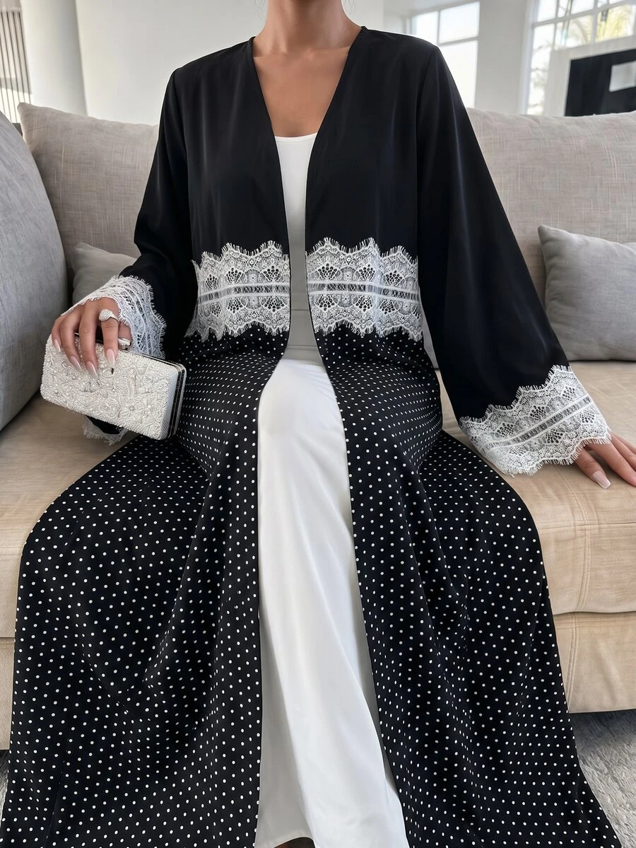 Yasmyna Women Spring Autumn Outfit Black Polka Dot White Eyelash Lace Trim Open Abaya Maxi Robe Long Sleeve Modest Dress For Daily Prayer Family Gathering - Multicolor - View 1