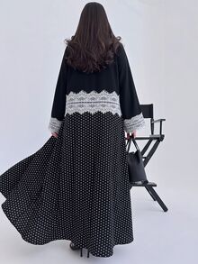 Yasmyna Women Spring Autumn Outfit Black Polka Dot White Eyelash Lace Trim Open Abaya Maxi Robe Long Sleeve Modest Dress For Daily Prayer Family Gathering - Multicolor - View 2