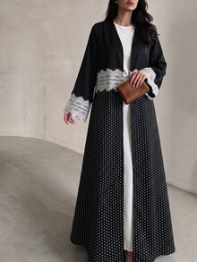 Yasmyna Women Spring Autumn Outfit Black Polka Dot White Eyelash Lace Trim Open Abaya Maxi Robe Long Sleeve Modest Dress For Daily Prayer Family Gathering - Multicolor - View 15