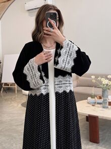 Yasmyna Women Spring Autumn Outfit Black Polka Dot White Eyelash Lace Trim Open Abaya Maxi Robe Long Sleeve Modest Dress For Daily Prayer Family Gathering - Multicolor - View 3