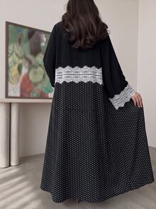 Yasmyna Women Spring Autumn Outfit Black Polka Dot White Eyelash Lace Trim Open Abaya Maxi Robe Long Sleeve Modest Dress For Daily Prayer Family Gathering - Multicolor - View 4