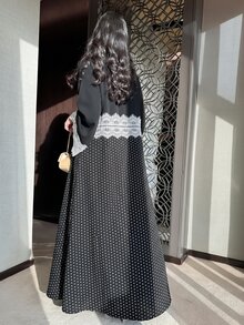 Yasmyna Women Spring Autumn Outfit Black Polka Dot White Eyelash Lace Trim Open Abaya Maxi Robe Long Sleeve Modest Dress For Daily Prayer Family Gathering - Multicolor - View 5