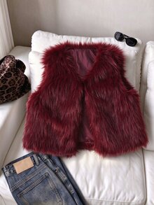 SHEIN Tween Girl Coat Fleece Fall Clothes Casual Fashionable Minimalist Solid Color Faux Fur Sleeveless Vest, Autumn/Winter - Burgundy - View 1
