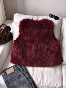 SHEIN Tween Girl Coat Fleece Fall Clothes Casual Fashionable Minimalist Solid Color Faux Fur Sleeveless Vest, Autumn/Winter - Burgundy - View 2