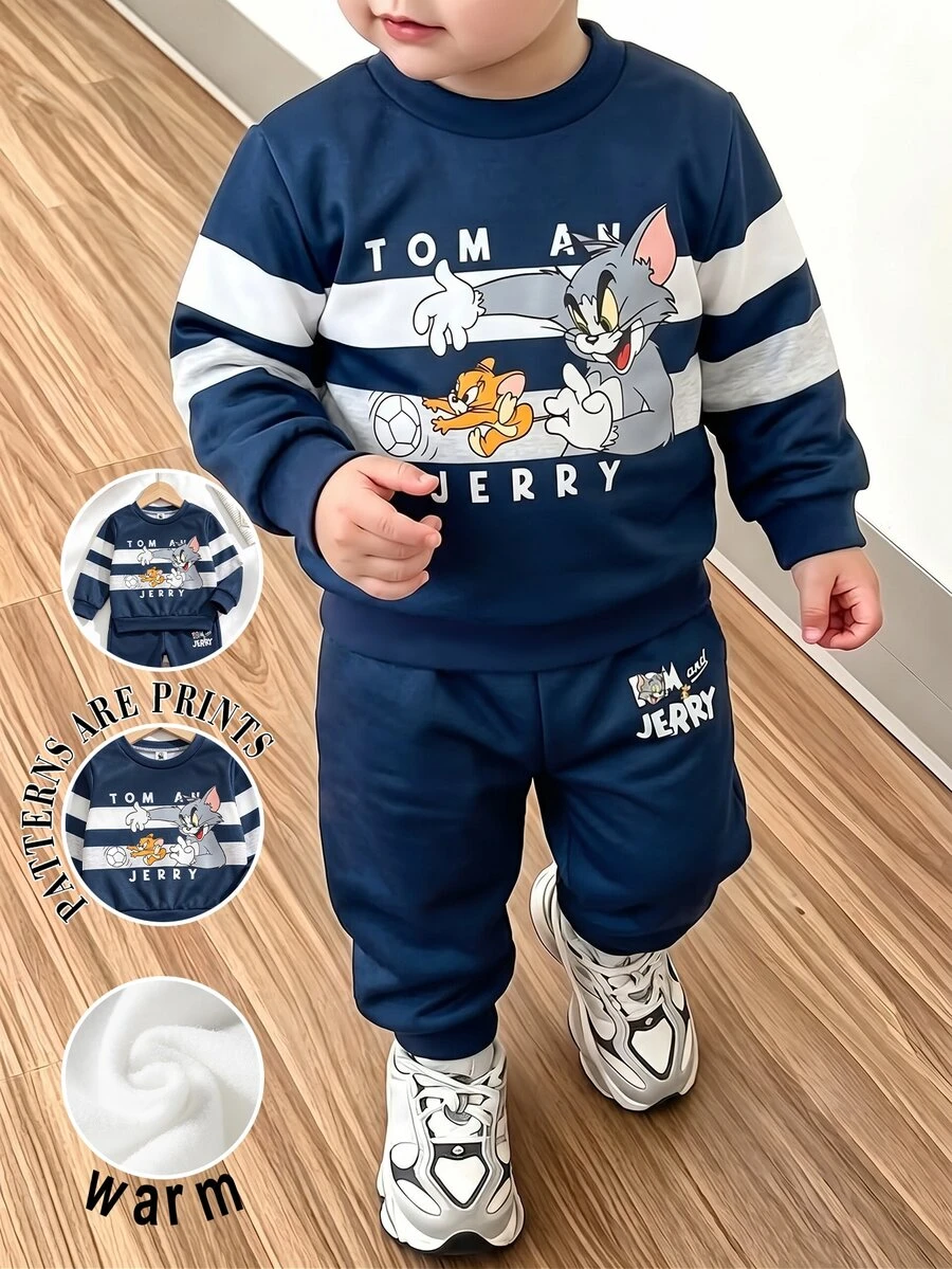 TOM & JERRY X SHEIN Young Boy Cute Cartoon Print Crew Neck Long Sleeve Sweatshirt And Matching Sweatpants Set, Suitable For Autumn/Winter - Multicolor - View 1