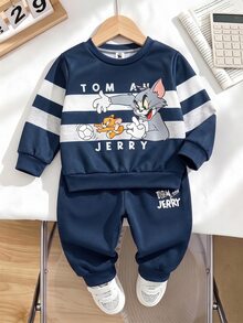 TOM & JERRY X SHEIN Young Boy Cute Cartoon Print Crew Neck Long Sleeve Sweatshirt And Matching Sweatpants Set, Suitable For Autumn/Winter - Multicolor - View 3