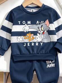 TOM & JERRY X SHEIN Young Boy Cute Cartoon Print Crew Neck Long Sleeve Sweatshirt And Matching Sweatpants Set, Suitable For Autumn/Winter - Multicolor - View 4