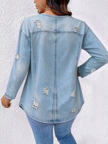 SHEIN LUNE CURVE 大尺碼女款休閒藍色V領長袖破洞上衣 秋季 - 彩色 - 查看 2