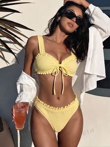 Swim Vcay Sweet Floral Random Print Wide Strap Tie-Front Triangle Bikini Set 2pcs For Women - Yellow - View 9