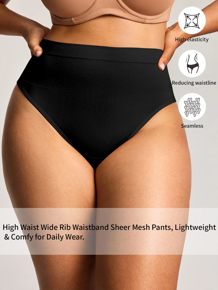 Barelissa 1pc Seamless Plus Size Thong Panties With High Waistband, Full Coverage For Upper Abdomen, Anti-Roll And Anti-Slip, Women's White Black Fall - Black - View 1
