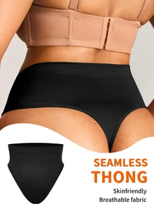 Barelissa 1pc Seamless Plus Size Thong Panties With High Waistband, Full Coverage For Upper Abdomen, Anti-Roll And Anti-Slip, Women's White Black Fall - Black - View 2